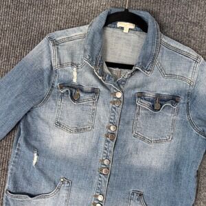Chelsea Violet Girls XL Denim‎ Jacket Blue Distressed Button Front Y2K Grunge